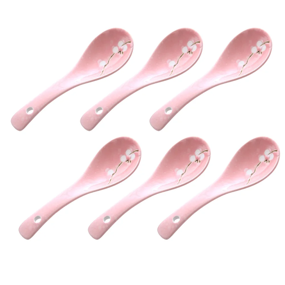 

6pcs Practical Ceramic Spoons Japanese Style Porridge Spoons Home Tableware