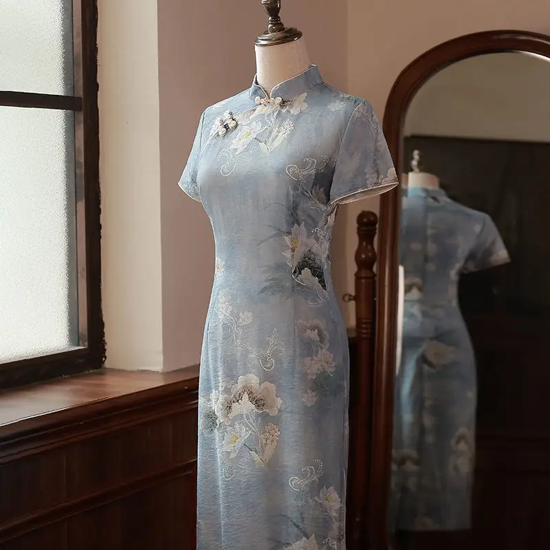 Blue Gentleness Cheongsam Floral Short Sleeve Women Vintage Dress Slim Elegant Chinese Traditional Qipao S To 3XL images - 6