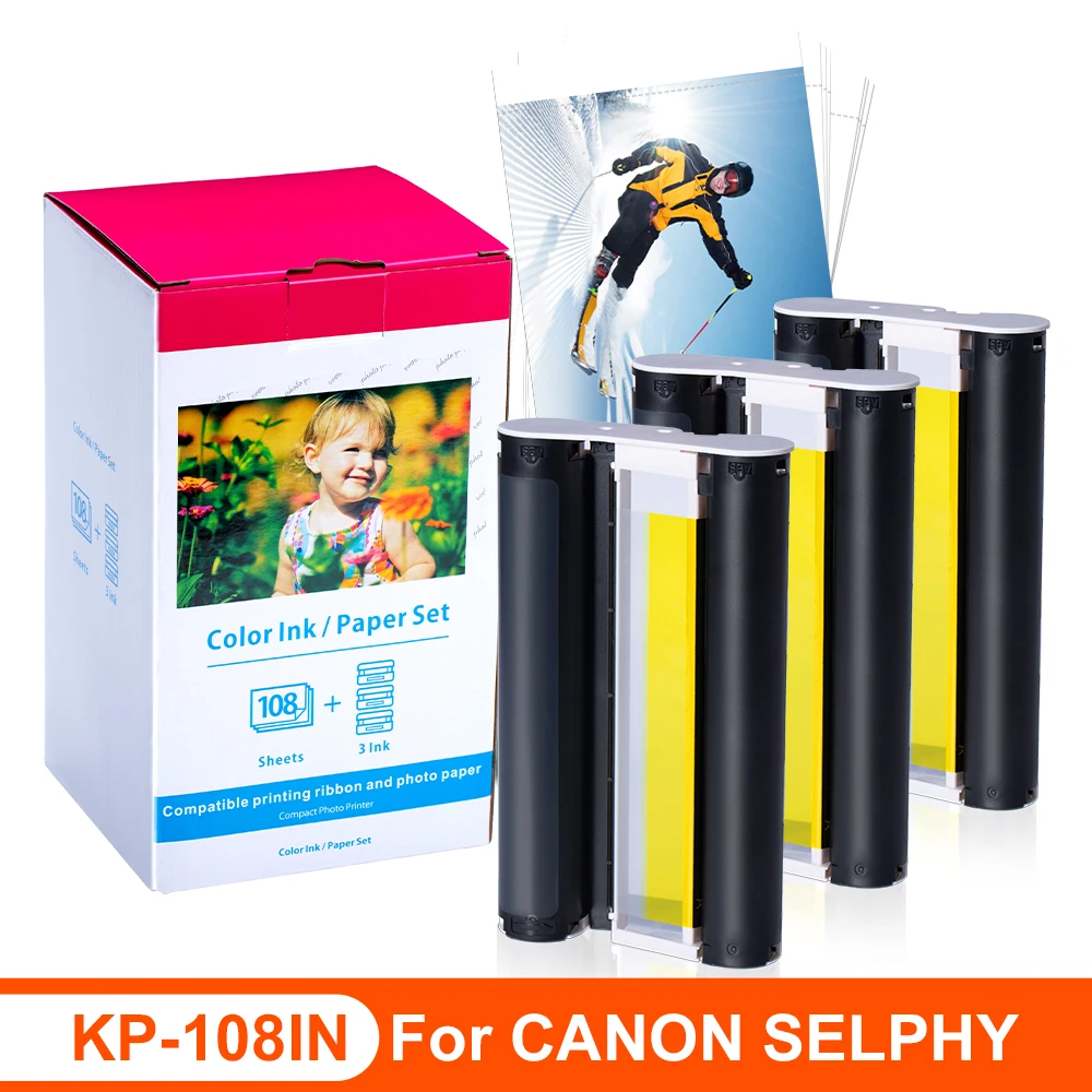 

KP 108IN 3 High Capacity Color Ink Cartridge Cassette and 108 Paper Glossy Compatible Canon Selphy CP1300 CP1200 CP910 CP1500