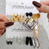 fashion black gold metal resin earrings set for women vintage geometric circle pearl heart butterfly enamel drop earring jewelry