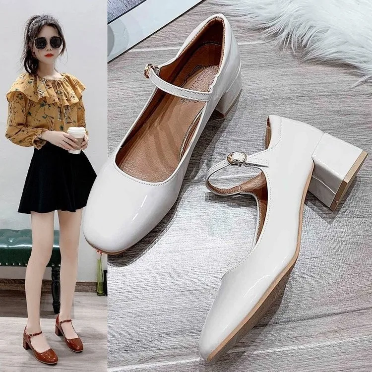 

2023 New Women Dress Shoes Medium Heels Mary Janes Shoes Patent Leather Pumps Ankle Strap Ladies Shoe Office Zapatos Mujer