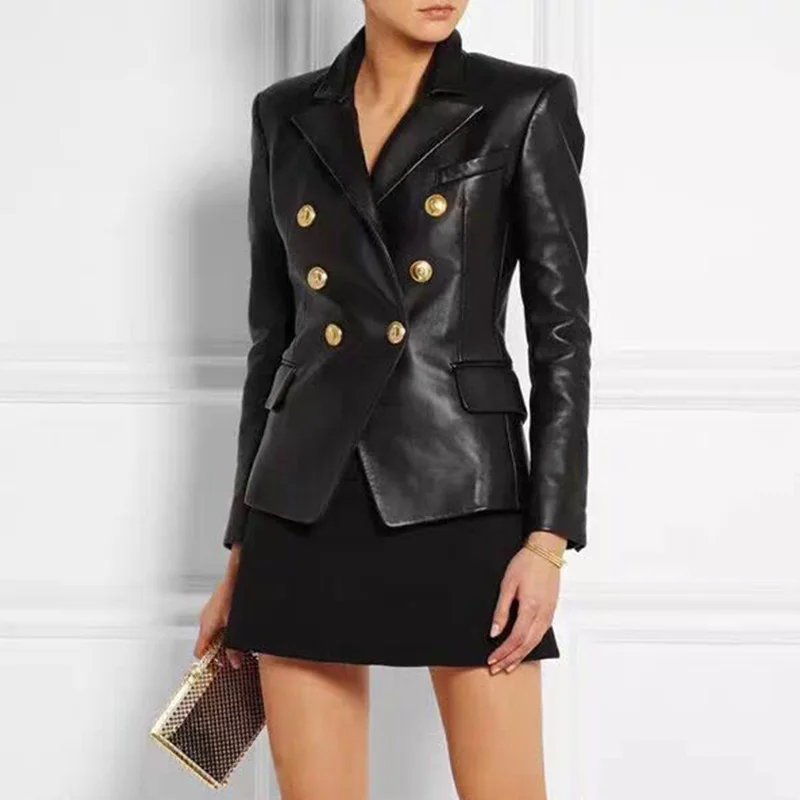 Black PU Jacket Women New Designer High Quality Faux Leather Metal Double Breasted Buckle Leather Female Jackets