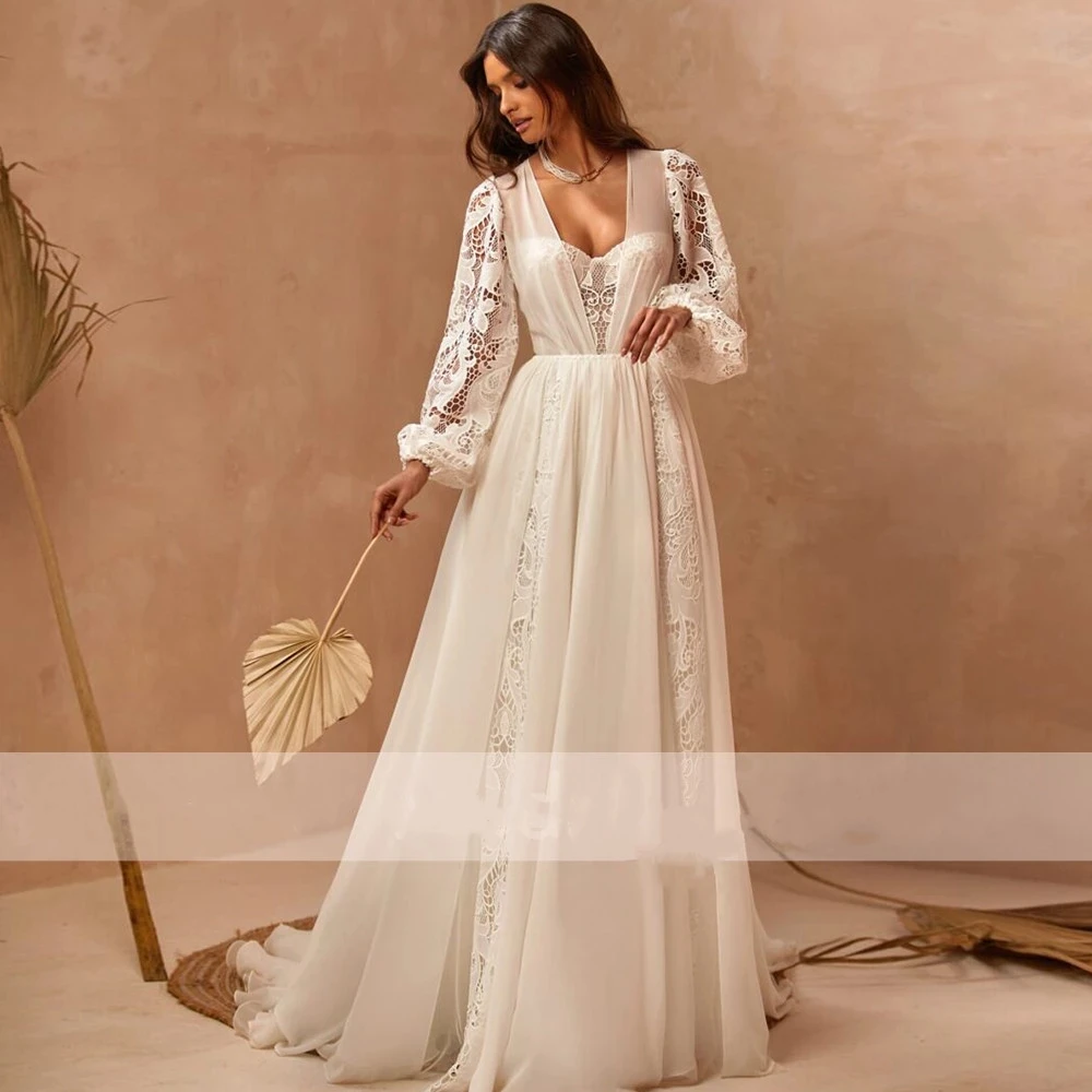 

13477#Elegant A-Line Puffy Sleeve Boho Wedding Dresses Backless Chiffon Sweep Train Sweetheart Lace Applique Wedding Bridal Gown