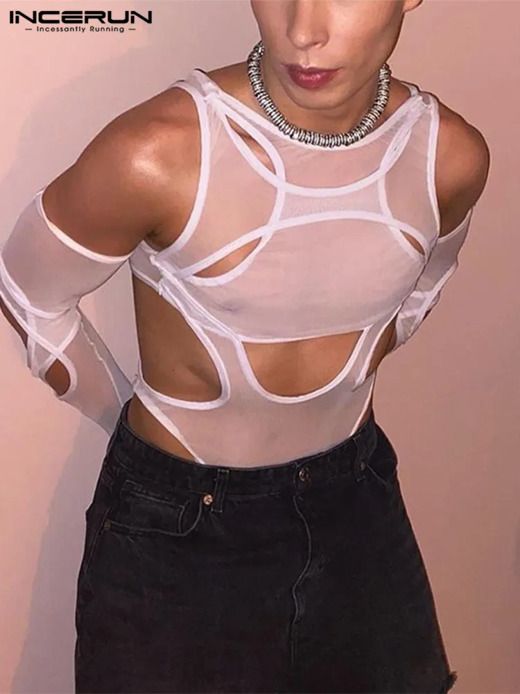 Fashion Comfortable Men's Hollow Rompers See-through Mesh Bodysuit INCERUN Stretch Long-sleeved Off-the-shoulder Jumpsuits S-5XL