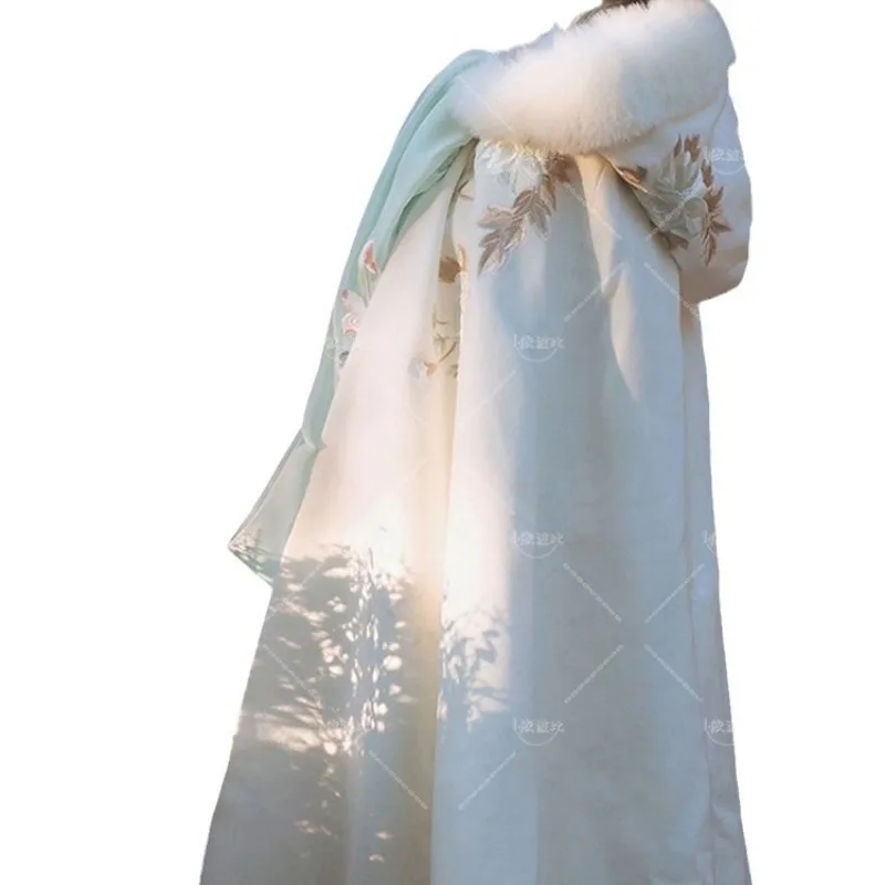 Женская накидка Hanfu с меховым воротником длинное толстое пальто в китайском