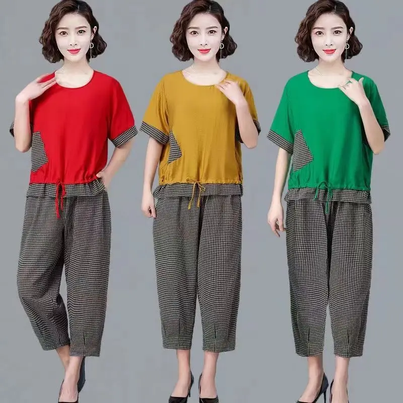 

Summer Women's Fashion Casual Clothing Two Piece Suit Short-sleeve Top High Waist Wide-leg Pants Sets Womens Outfits 5XL E173