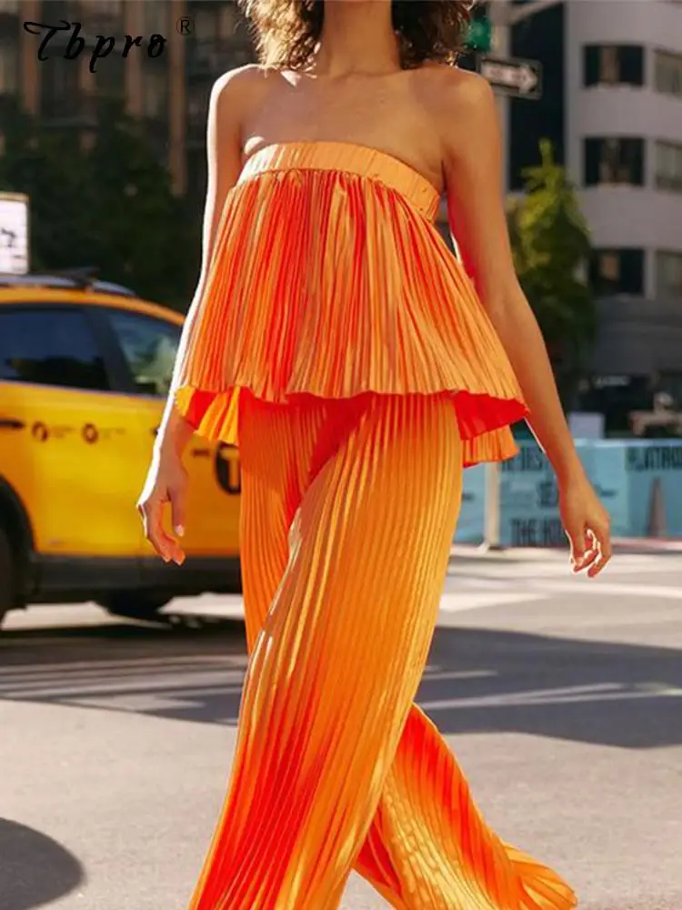 

Casual Pleated Solid 2 Piece Set Women Sexy Tube Tops And Wide Leg Pants Suits Female Chic Sleeveless Shirts Trousers Outfits