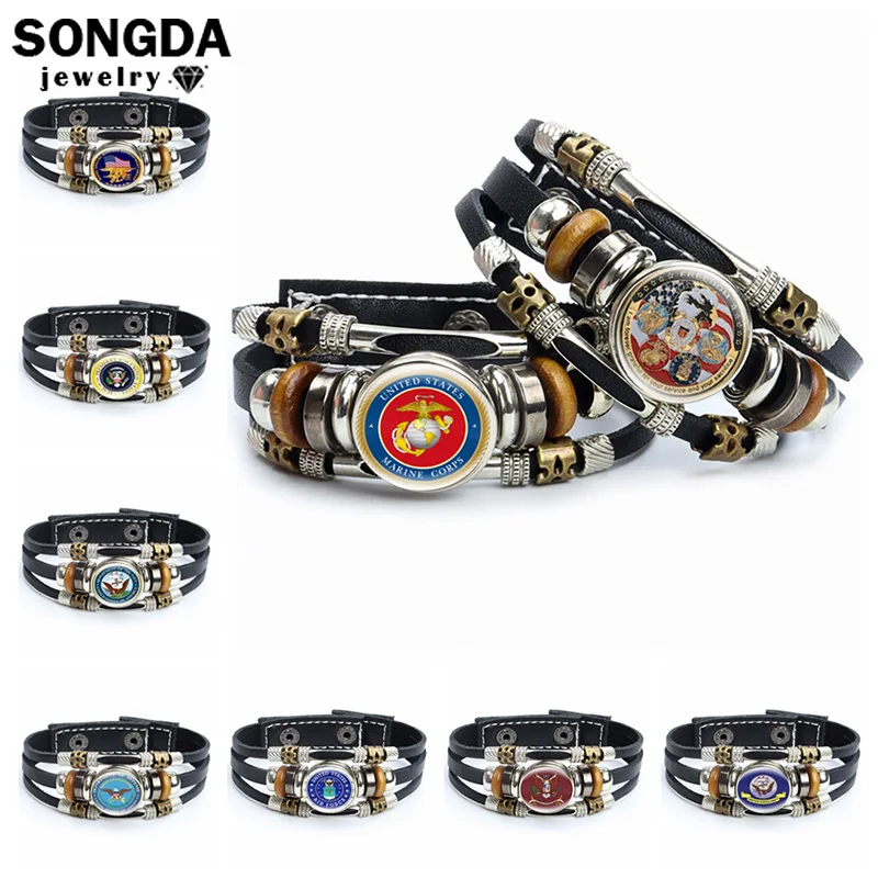 

USMC Army Badge Military Bracelet United States Marine Corps Glass Punk Multilayer Snap Button Leather Bracelet Bangle Wristband