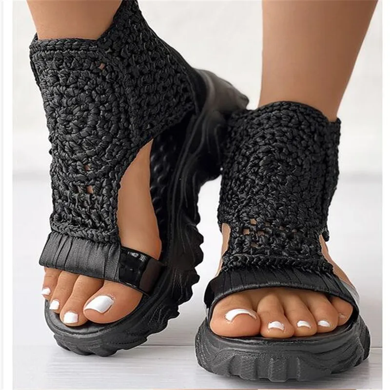 Sandals Women Braided Geometric Wedge Sandals Knitted Elastic Summer Shoes Mesh Flat Sandals Hollow Female Platform Shoes