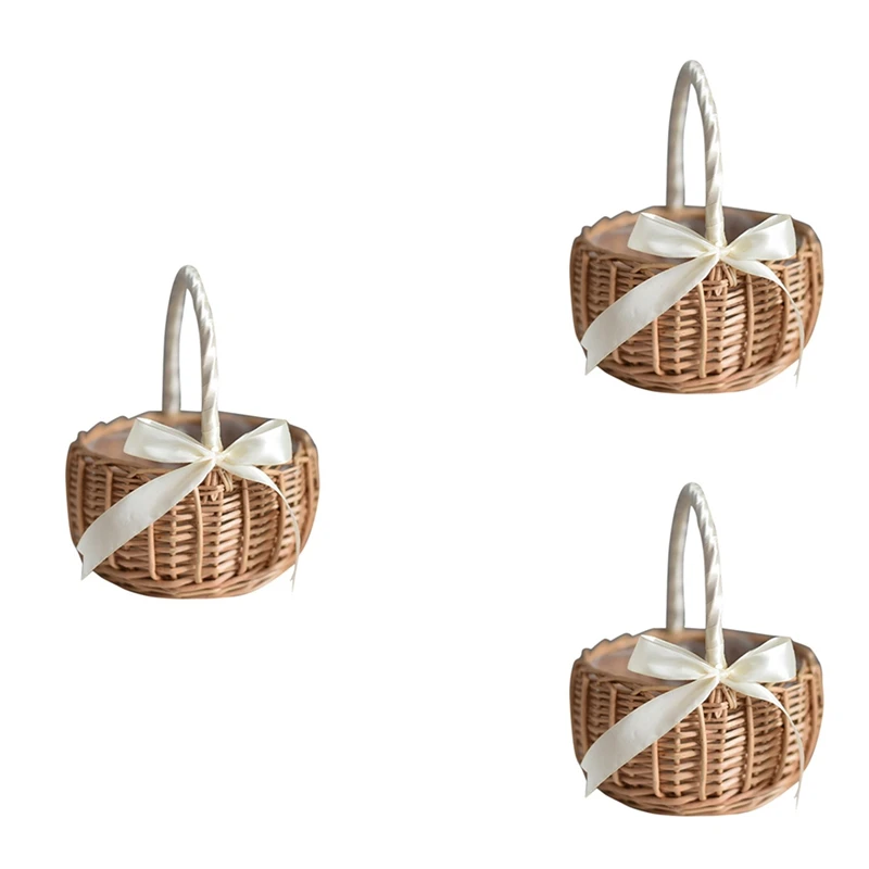 

3 х плетеной искусственной кожи, с ручкой и белой лентой, свадебные корзины для девочек с цветами, для украшения дома и сада (L)