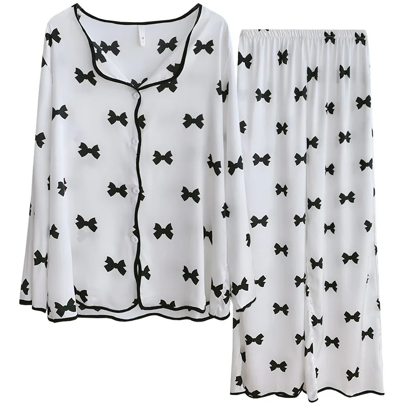 Ice Silk Pajamas Bow Print Lapel Pyjamas Sexy Lingerie Women's Home Clothes Sleepwear 2-piece Set Pajamas for Women