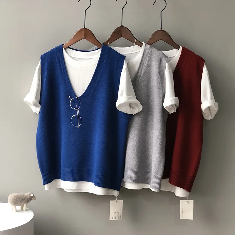 Red Knited Tracksuit Women Exercise Sweaters Knitting Vest Solid Retro Undershirt V-neck Loose Sleeveless Female Tops Knitwear