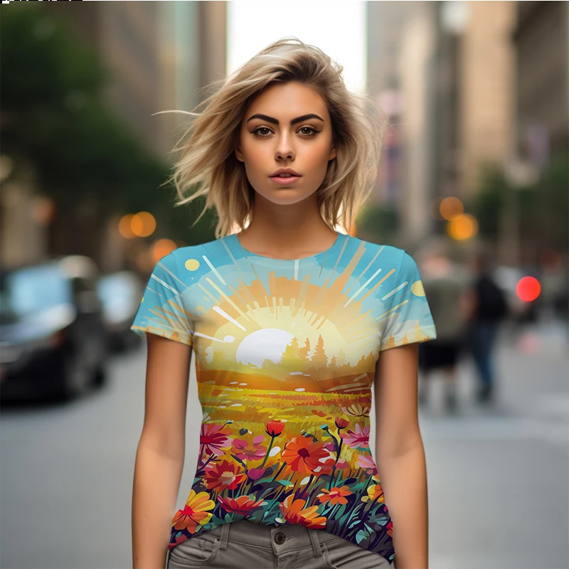 

Summer new lady T -shirt flower sea 3D printed lady T -shirt casual style beautiful ladies T -shirt fashion trend women T -shirt