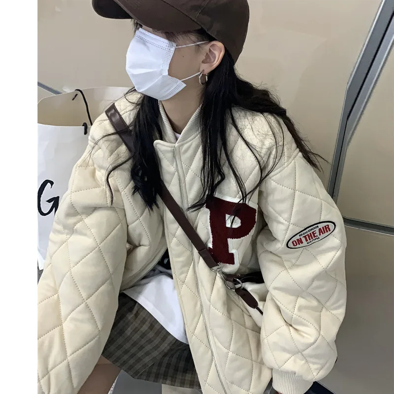 Winter Clothes Women New High Street Ringed Cotton Jacket Letter Vintage Coat Women's Fall Winter Padded Baseball Uniform