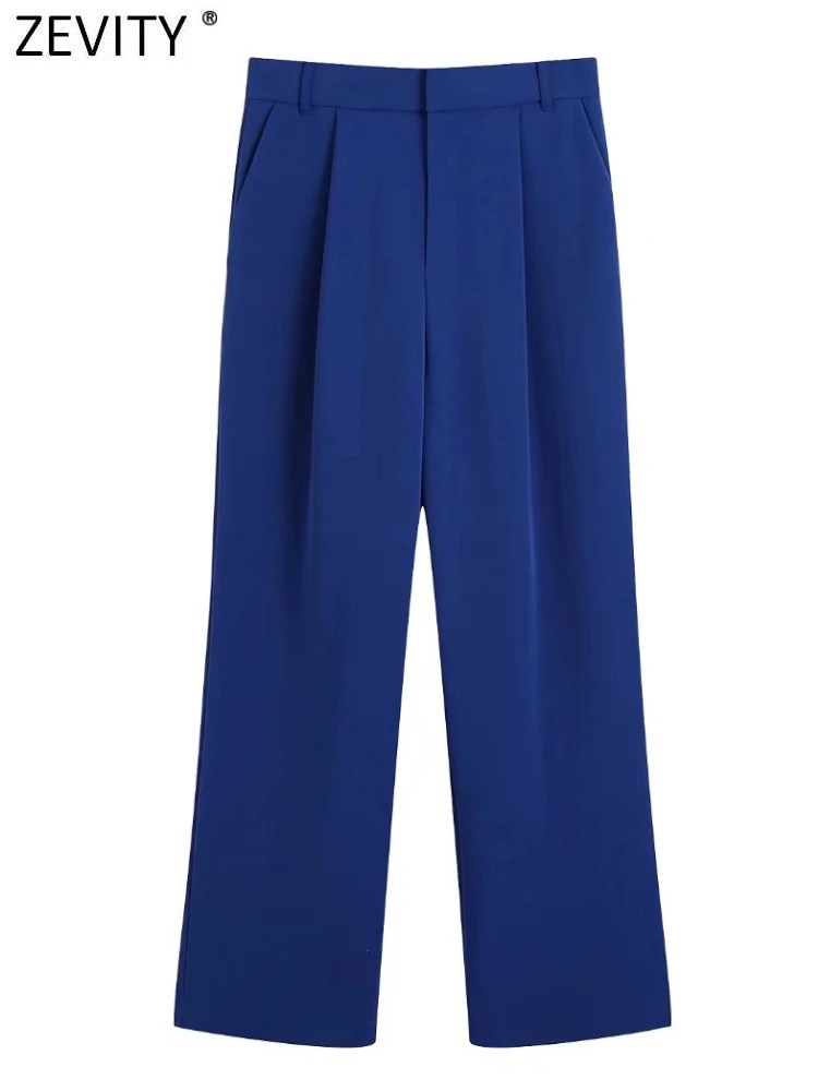 

Zevity Women Fashion Pleats Design Blue Striaght Pants Female Chic Zipper Fly Casual Long Trousers Pantalones Mujer P1301