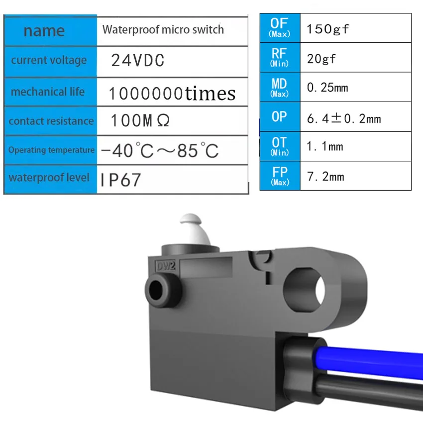 Водонепроницаемый микропереключатель DW2 IP67 длинная кнопка для зарядки 1 шт.