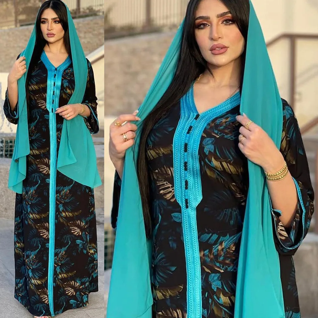 

Islamic Maxi Dresses Women Clothing Dubai Abaya V Neck Jalabiya Loose Dress Jalabiya Loose Printing Dress For Women Ramadan Eid