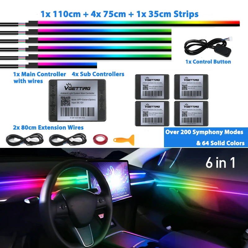 

6/18/22 в 1, светодиодный акриловый автомобильный окружающий свет RGB 64 213, цветная симфоническая акриловая лампа для приложения, стример, комплект радужной атмосферы, двойная зона