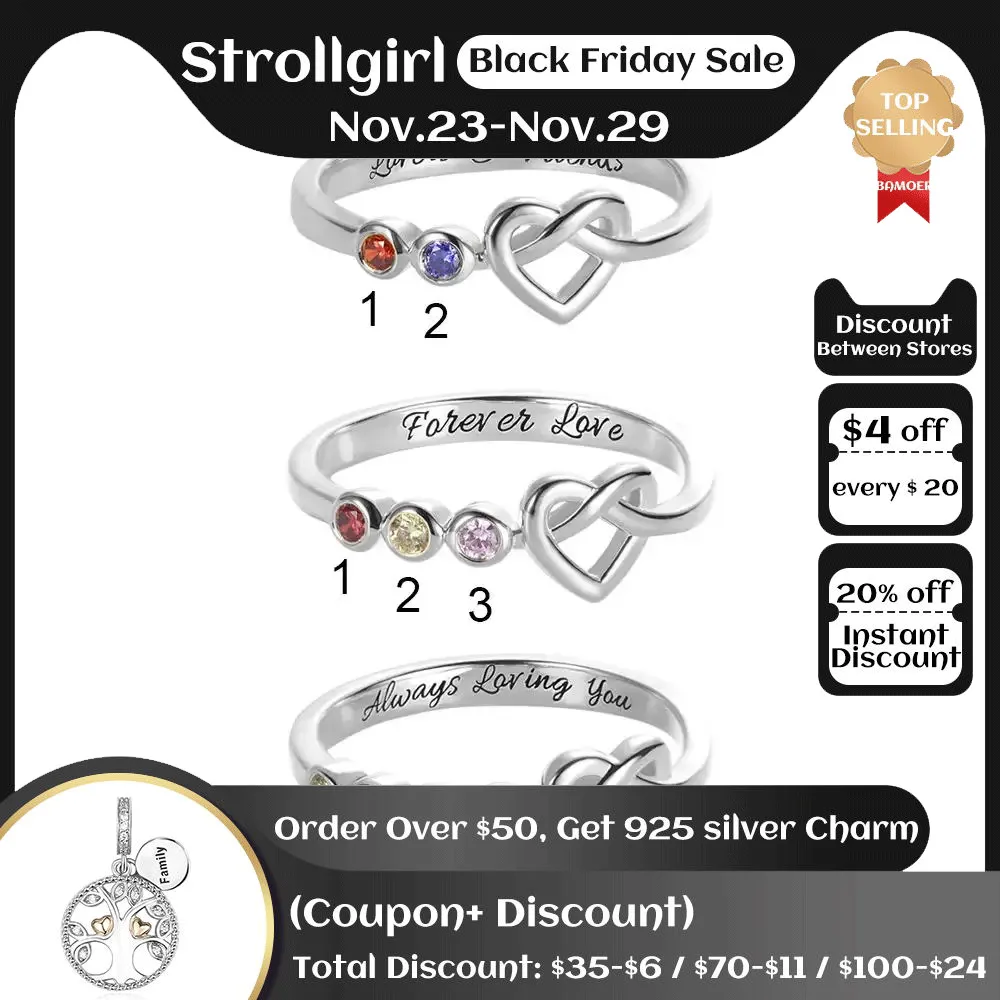 

Personalized Heart Engraved Name With Birthstone Rings 925 Sterling Silver Fashion Jewelry Birthday Gifts for Women Girl Mother
