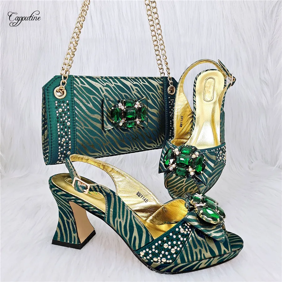 

Dark Green Woman Shoes And Shoulder Bag Set To Match African Ladies Summer Sandals With Handbag Pumps sandales demmes MM1145