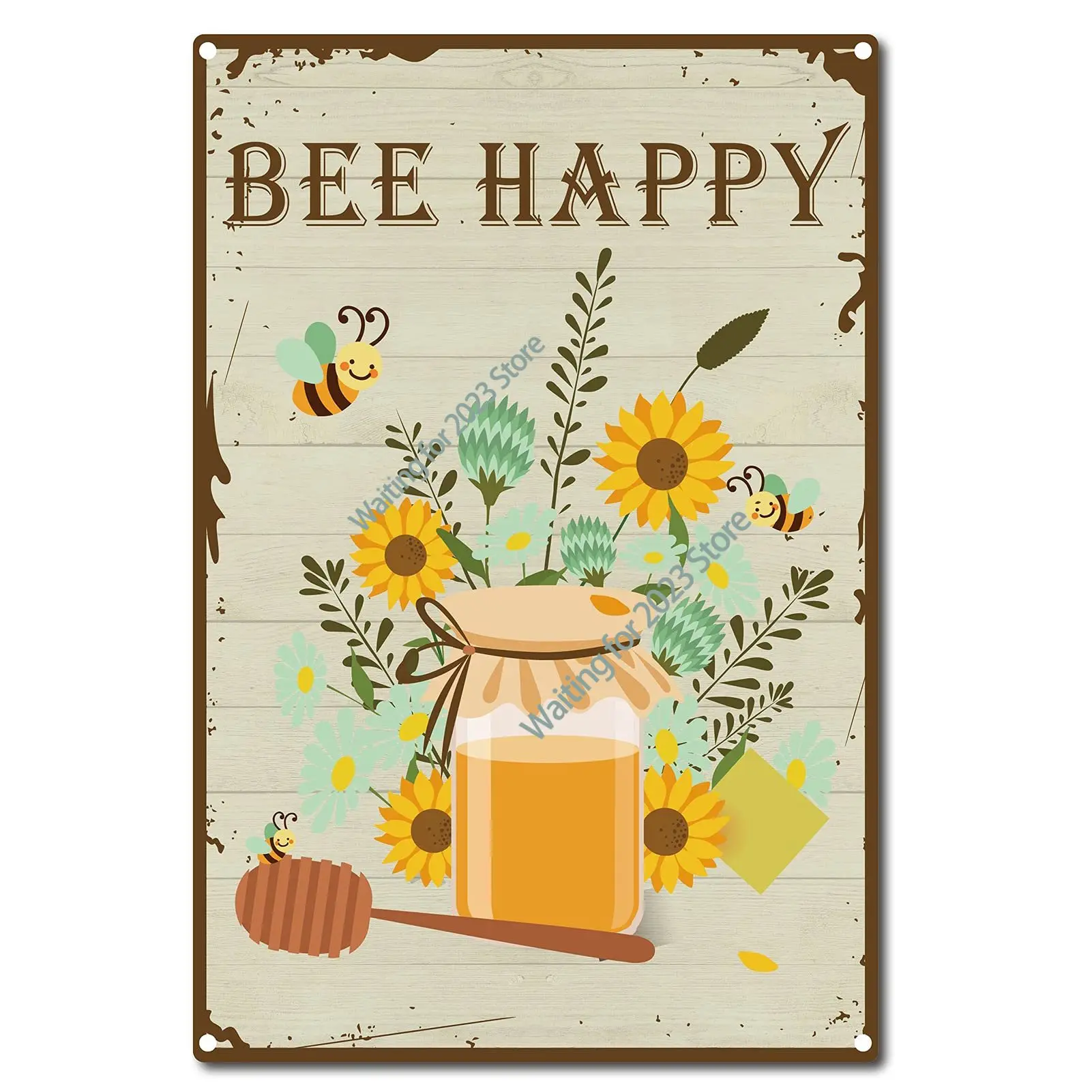 

Tin Sign Bee Happy Sunflower Retro Vintage Metal Wall Decoration Art Mural for Home Garden Kitchen Bar Pub Living Room Office