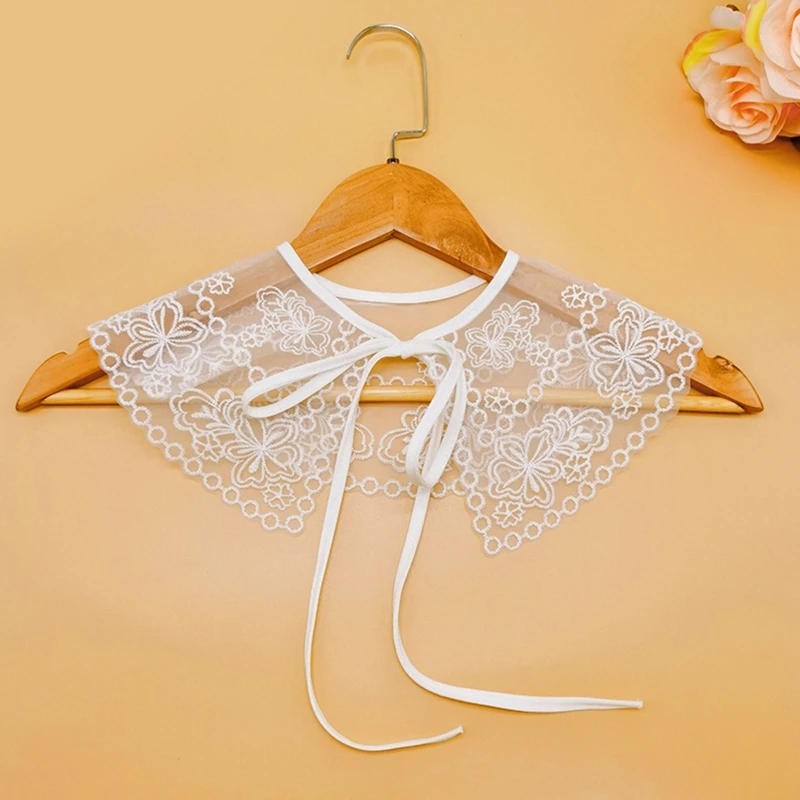 

Women Emboridery Floral Detachable Collar Sheer Shawl Shrug Trim Lace-Up Bowknot Scarf Black Capelet