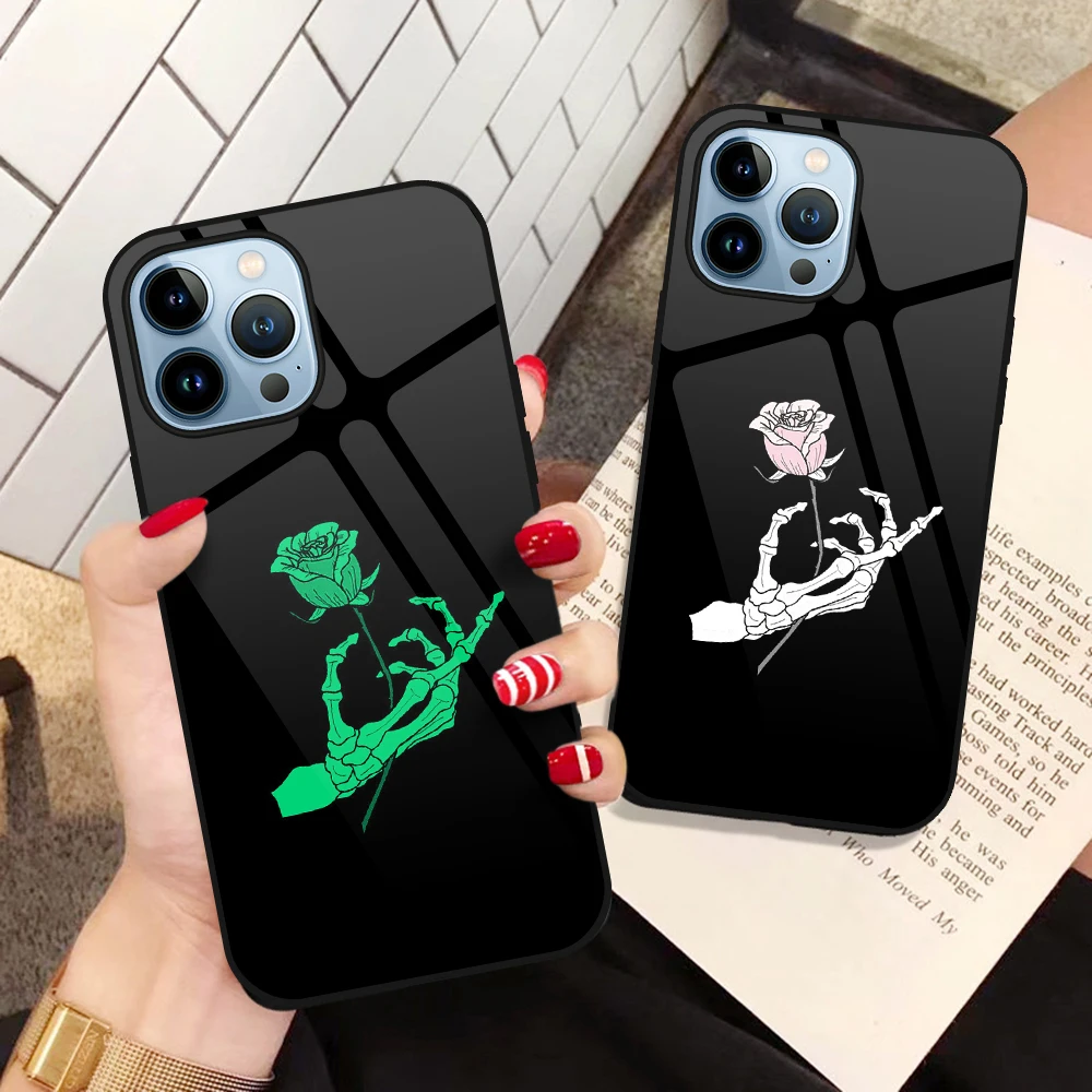 

Funny Skull Skeleton Luminous Glass Phone Case for iPhone 14 13 12 11 Pro Max Mini XS XR X 7 8 6 6s Plus 5 5S Back Cover Coque