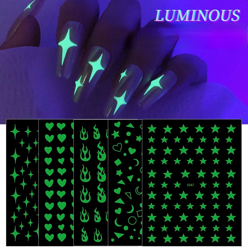 

5pcs 3D Luminous Nail Stickers Flame Butterfly Star Moon Summer Design Glow in The Dark Sliders Manicure Decorations Wholesale