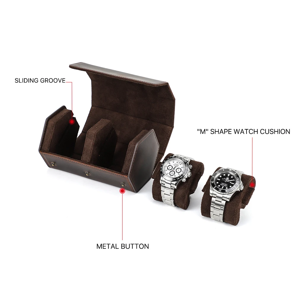 CONTACT'S FAMILY Rustic Leather 2-Slot Watch Case Box Luxury Pouch with Zipper Portable Organizer Bag Black Brown