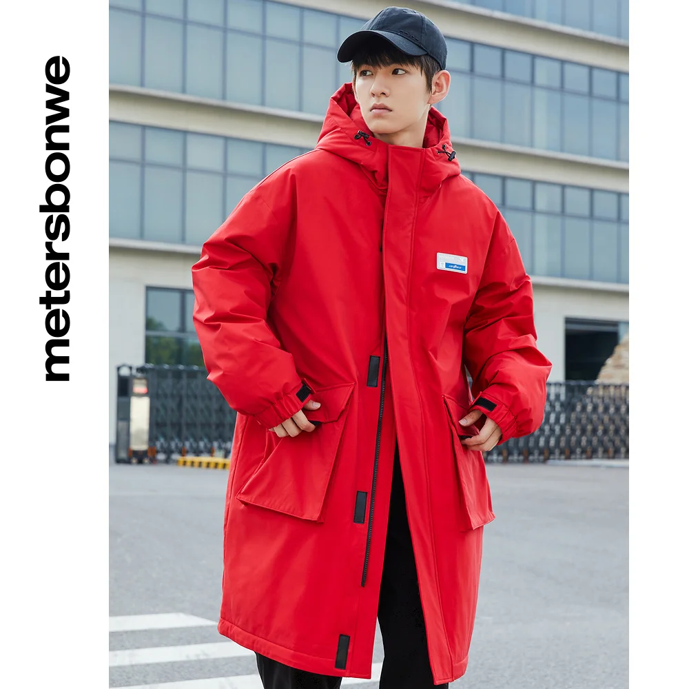 Metersbonwe Parka Down Jacket Men Winter Warm 80% Gray Duck Down Jacket  Hooded Anti-snow Medium Length Cargo Warm Red Down Coat