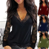 womens fashion solid lace v neck long sleeves casual blouses