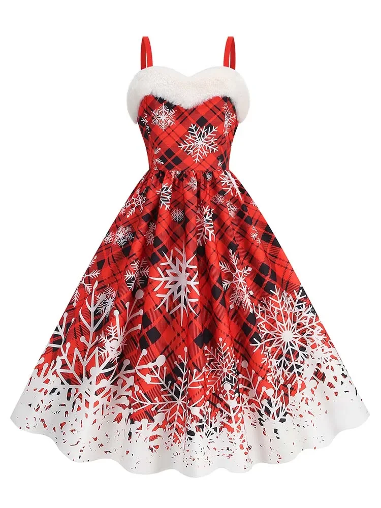 Women Faux Fur collar Holiday Party Christmas Snowflake Print Cosplay Costumes Vintage Dress Sexy Spaghetti Strap