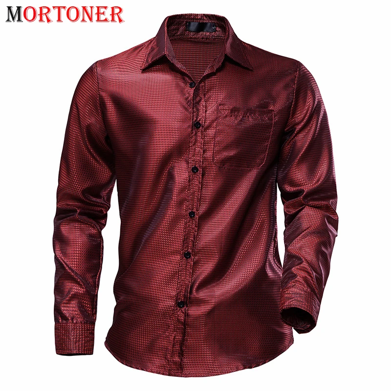 

Мужская атласная рубашка с длинным рукавом, бордовая Повседневная гладкая рубашка из шелка с рисунком «гусиные лапки», мужская повседневная рубашка для танцев и смокинга, для выпускного вечера