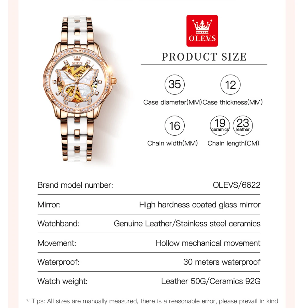 OLEVS Women's Automatic Watches Skeleton Mechanical Ladies Elegant Luxury Dress Butterfly Diamond White Ceramic Band Watch Gift enlarge