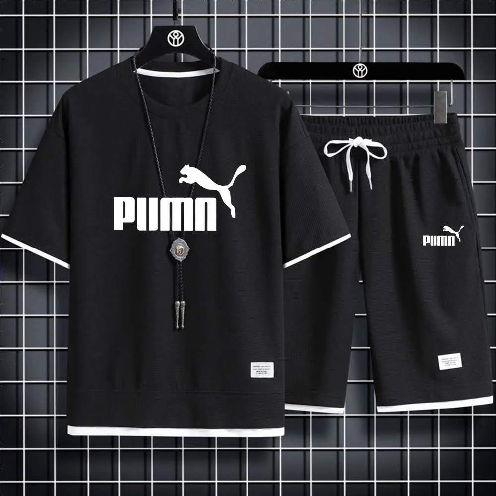 Summer popular men's T-shirt+shorts suit men's sports suit brand LOGO printing casual fashion cotton short-sleeved T-shirt set