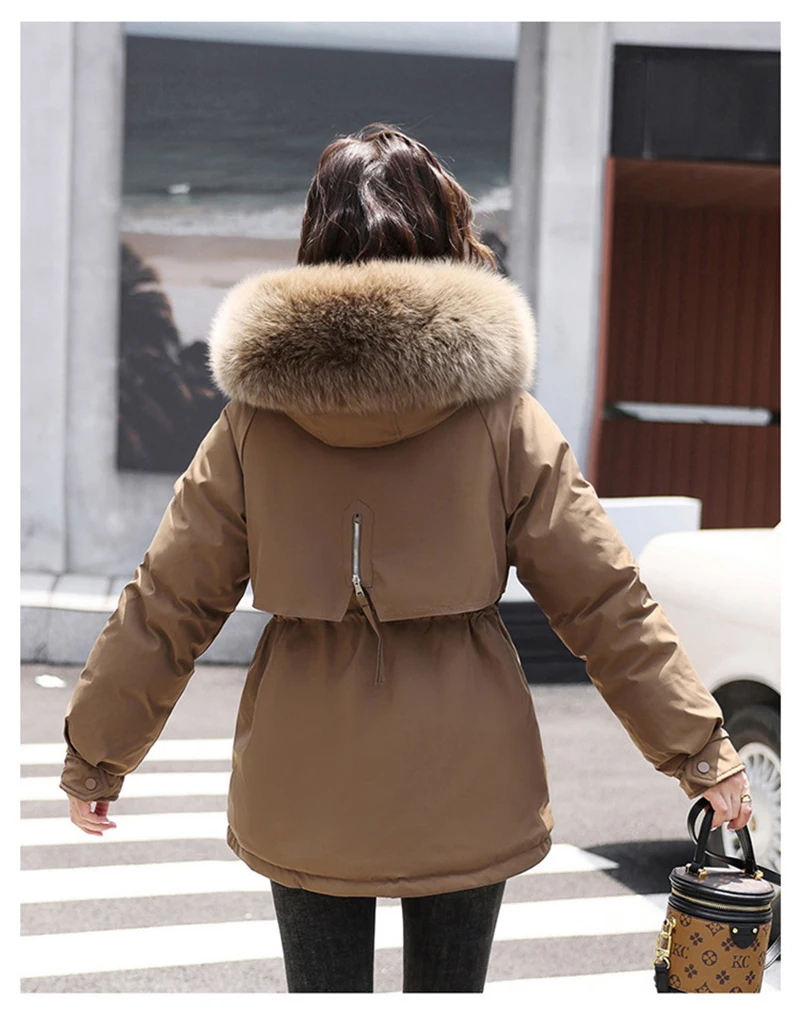 Winter Warm Cotton Clothing Women's Fashion Big Fur Collar Hooded Waist Skinny Parka Windbreaker Jacket Medium Long Section