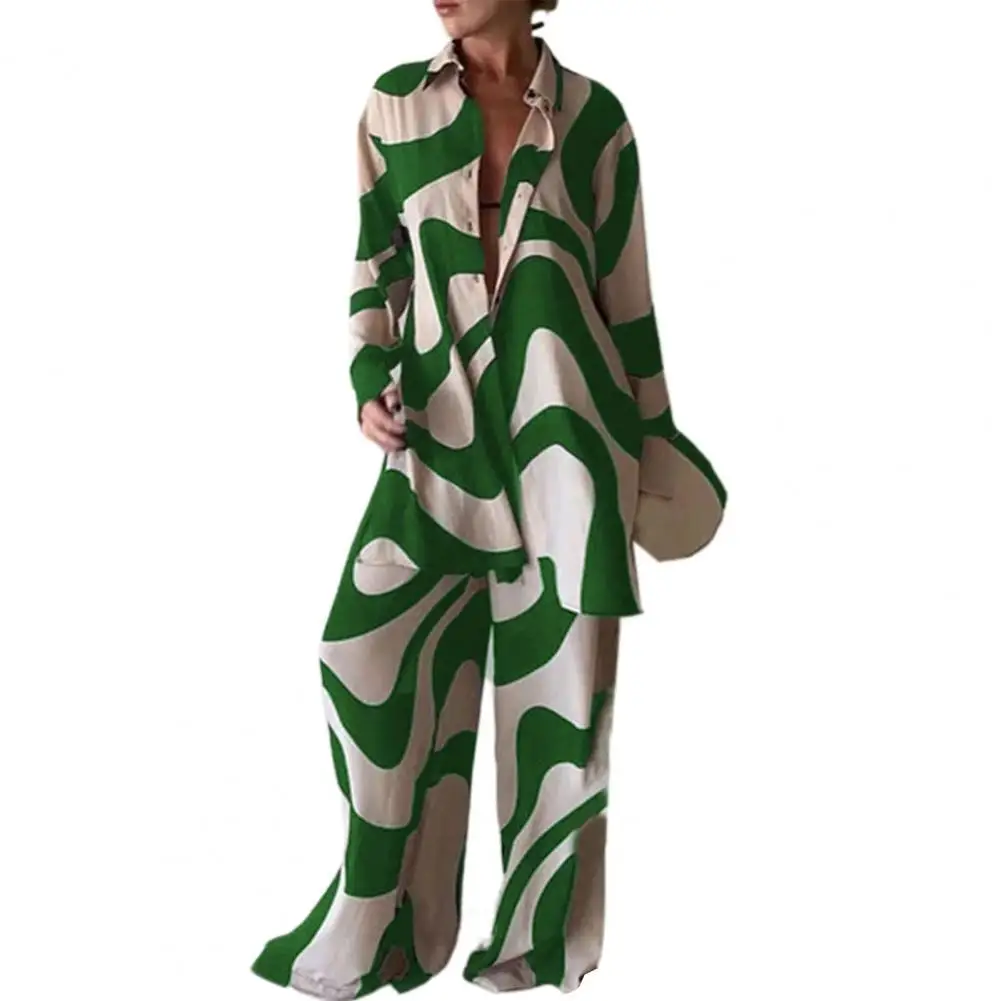 

2 Pcs/Set Shirts Straight Pants Two Piece Suits Women Outfit Long Sleeves Stripe Print Contrast Color Women Tops Pants Set