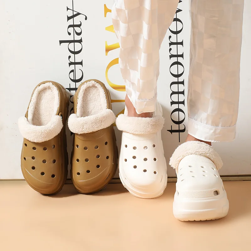 New Woman Warm Outdoor Furry Plush Heighten Platform Slippers Winter Shoes Casual Home Cotton Shoes Hollow Out Plush Slippers