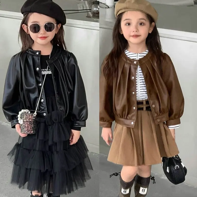 

Girls Jacket Coat Autumn Winter New Fashion Front Pleated Personalized Pu Leather Jacket Casual Cardigan Top Children's Clothing