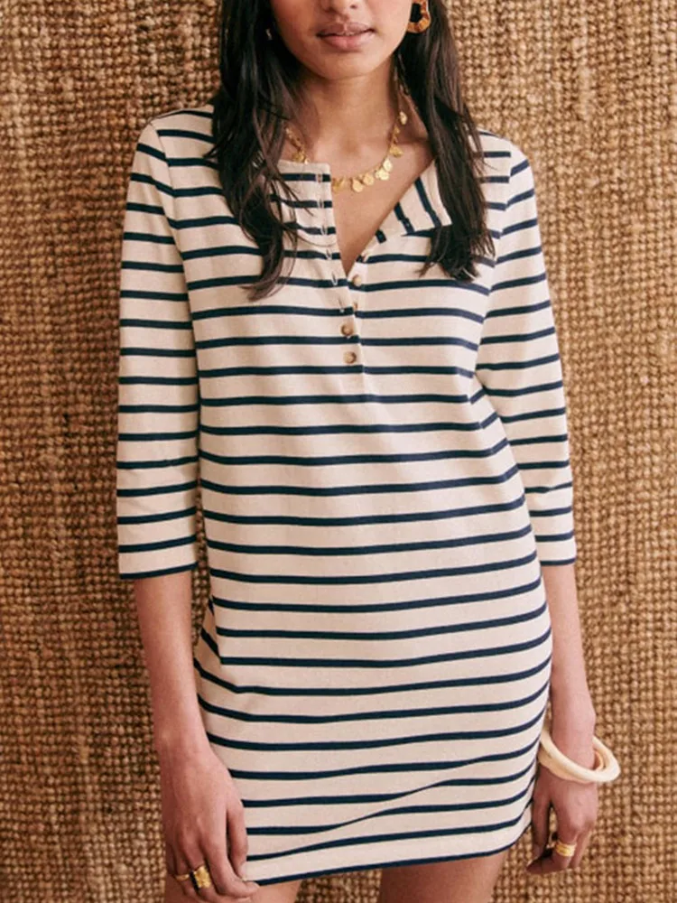 Women Mini Robes Striped Three-Quarter Sleeve Casual Dress