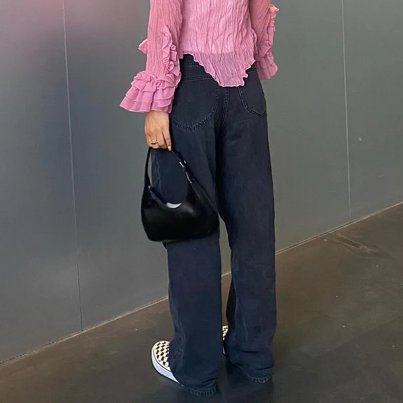 WeiYao Vintage Baggy Denim Jeans for Women Low Waist Straight Casual Pant 2022 Summer Streetwear Fashion Loose Trousers 90s