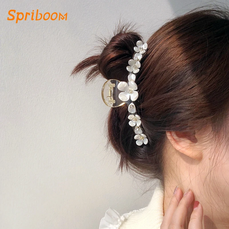 

Aesthetic Shell Flower Hair Claws White Floral Rhinestone Claw Clips Acrylic Transparent Hairclips Fairy Temperament Headwear