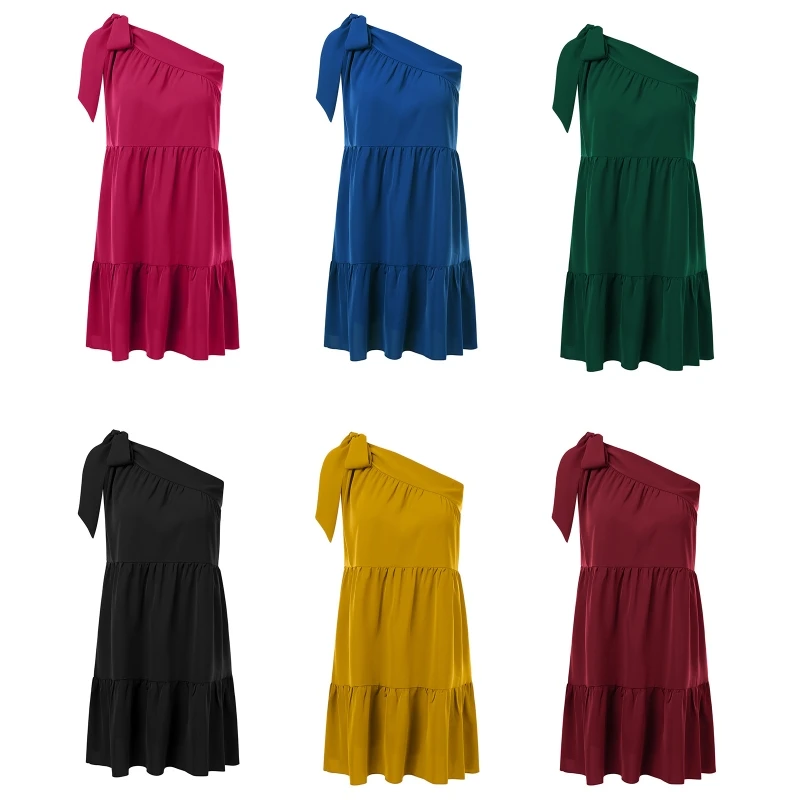

Sleeveless Women One Shoulder Short Dress Solid Color Tiered Flowy Cocktail Gown