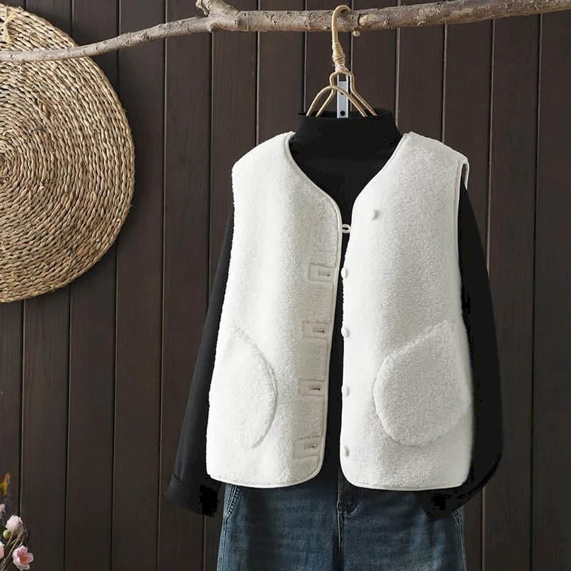 Fleece Waistcoats for Women Mid Length Plush V-neck Vests Casual Sleeveless Cardigans Oversized Winter Jackets Loose Tops