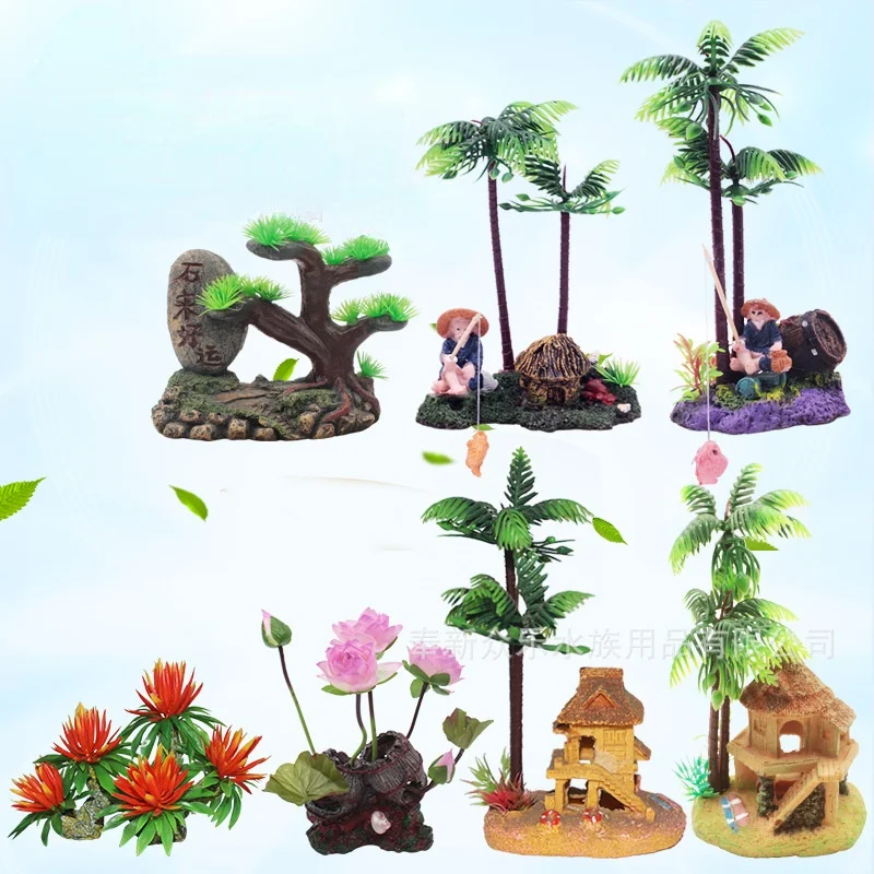 

Fish tank landscaping simulation rockery Artificial plants hut background for aquarium plants decoration accessories