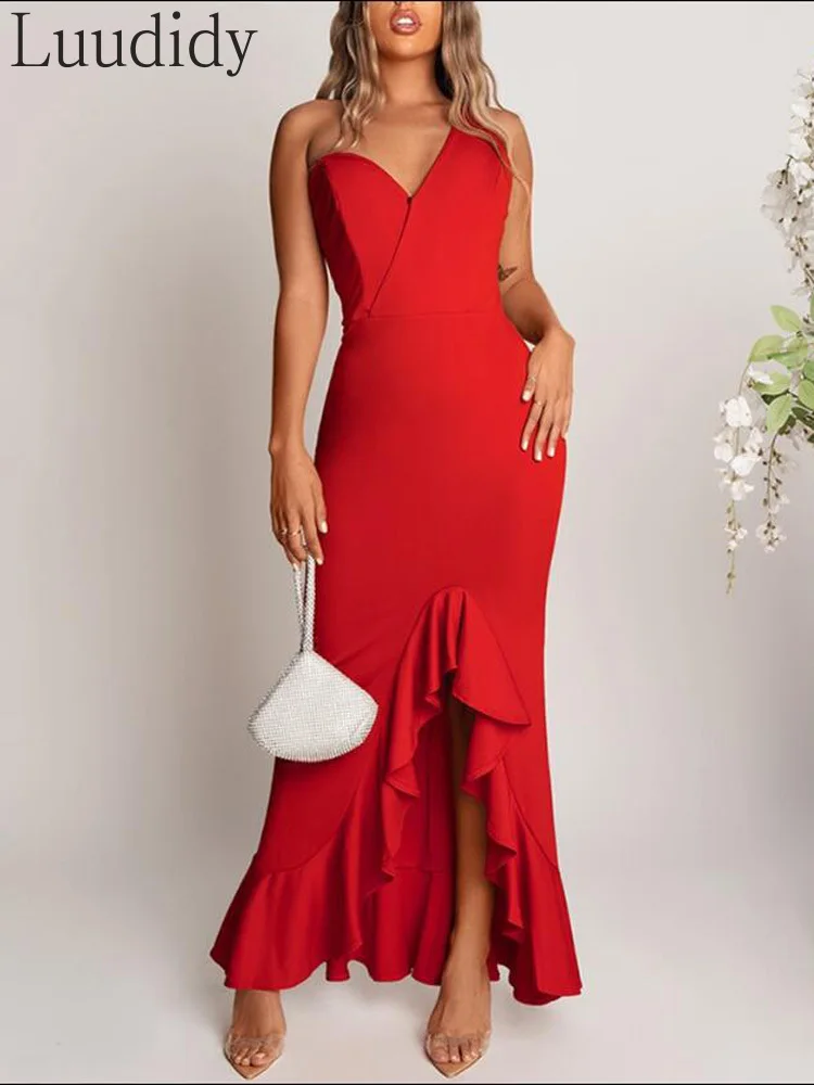 

Женское сексуальное однотонное платье на одно плечо, асимметричное облегающее вечернее платье с оборками на подоле