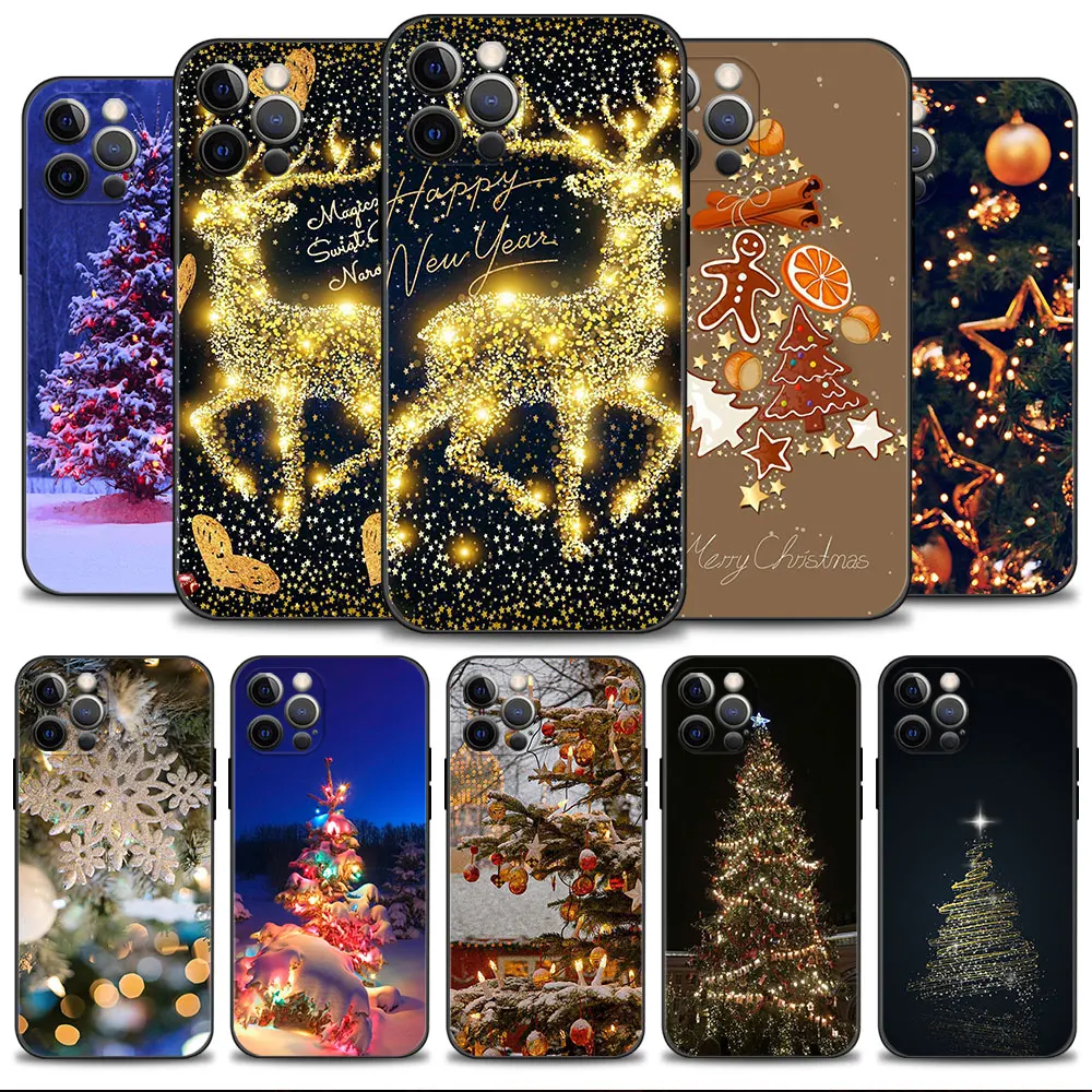

Phone Case For Apple iPhone 14 13 12 11 Pro Max 13 12 Mini XR X 7 8 6 6S Plus Shell Cover Merry Christmas Gold Deer Tree Light