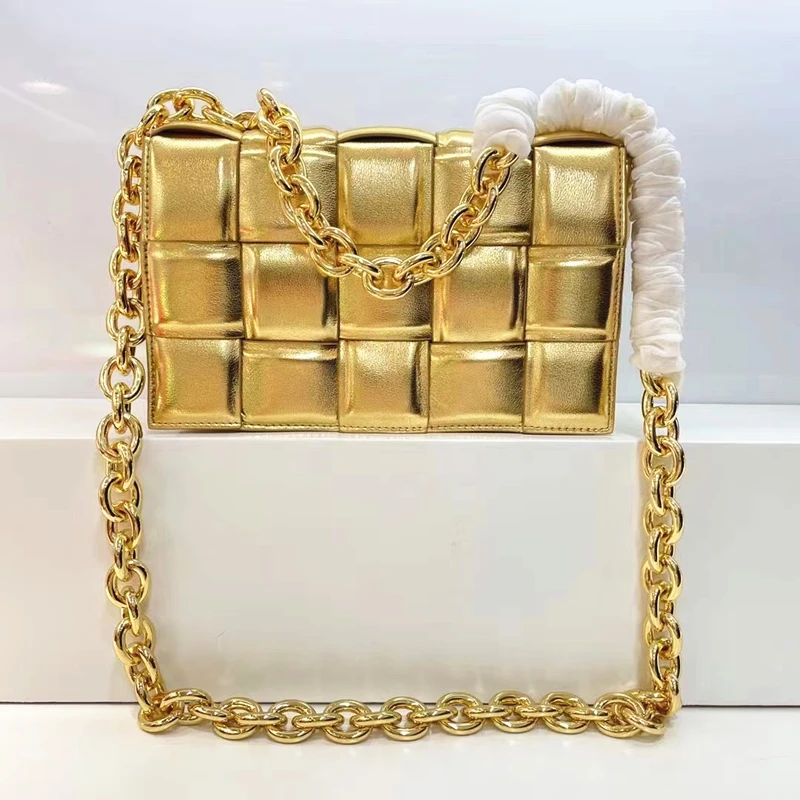 

Genuine Leather Woven Crossbody Bag Fashion Womens Chain Shoulder Bag Brand Luxury Winter New Gold Silver Satchel Handbag Purse