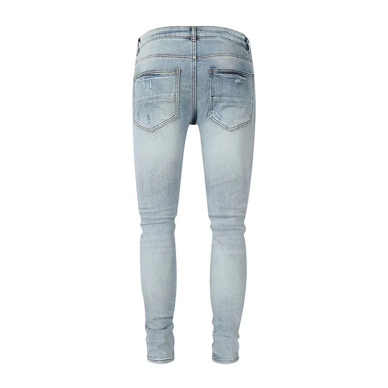 Street Fashion Men Jeans Retro Light Blue Stretch Skinny Fit Ripped Pink Leather Patched Designer Brand Hip Hop Pants