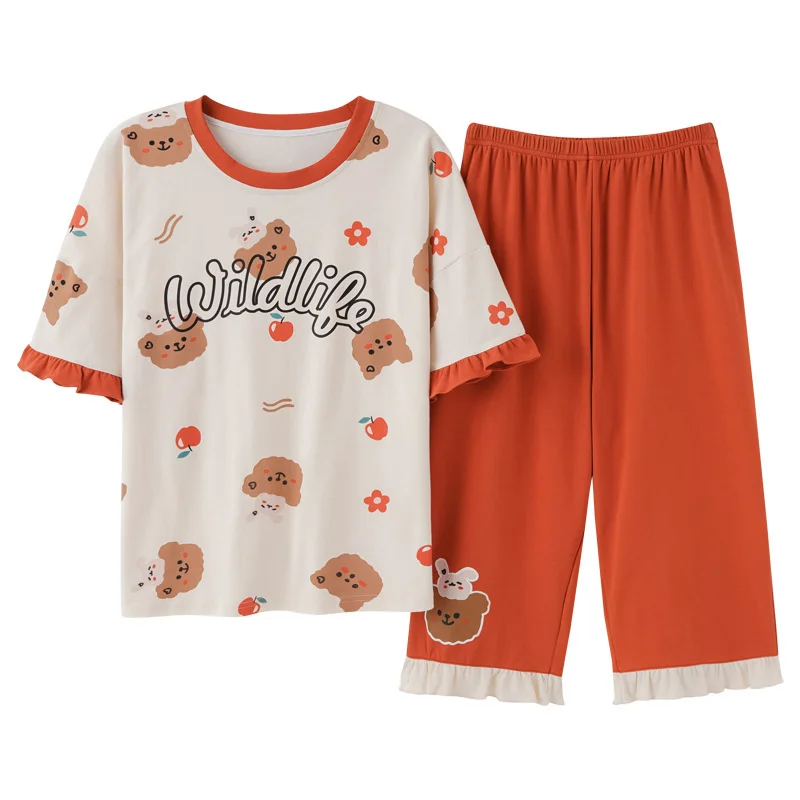 pajamas women's summer pure cotton  short sleeved capris students' leisure simple  lovely women's home clothes